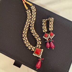 Bollywood Style Jewelry.Choker with earrings.Red , Green and white colors .